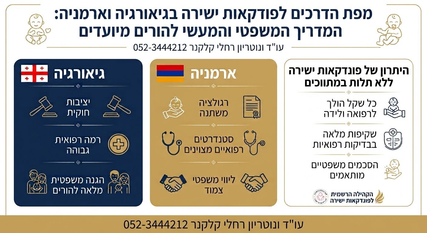 אינפוגרפיקה על פונדקאות ישירה בגיאורגיה ובארמניה, המציגה השוואה בין היבטים משפטיים ורפואיים.