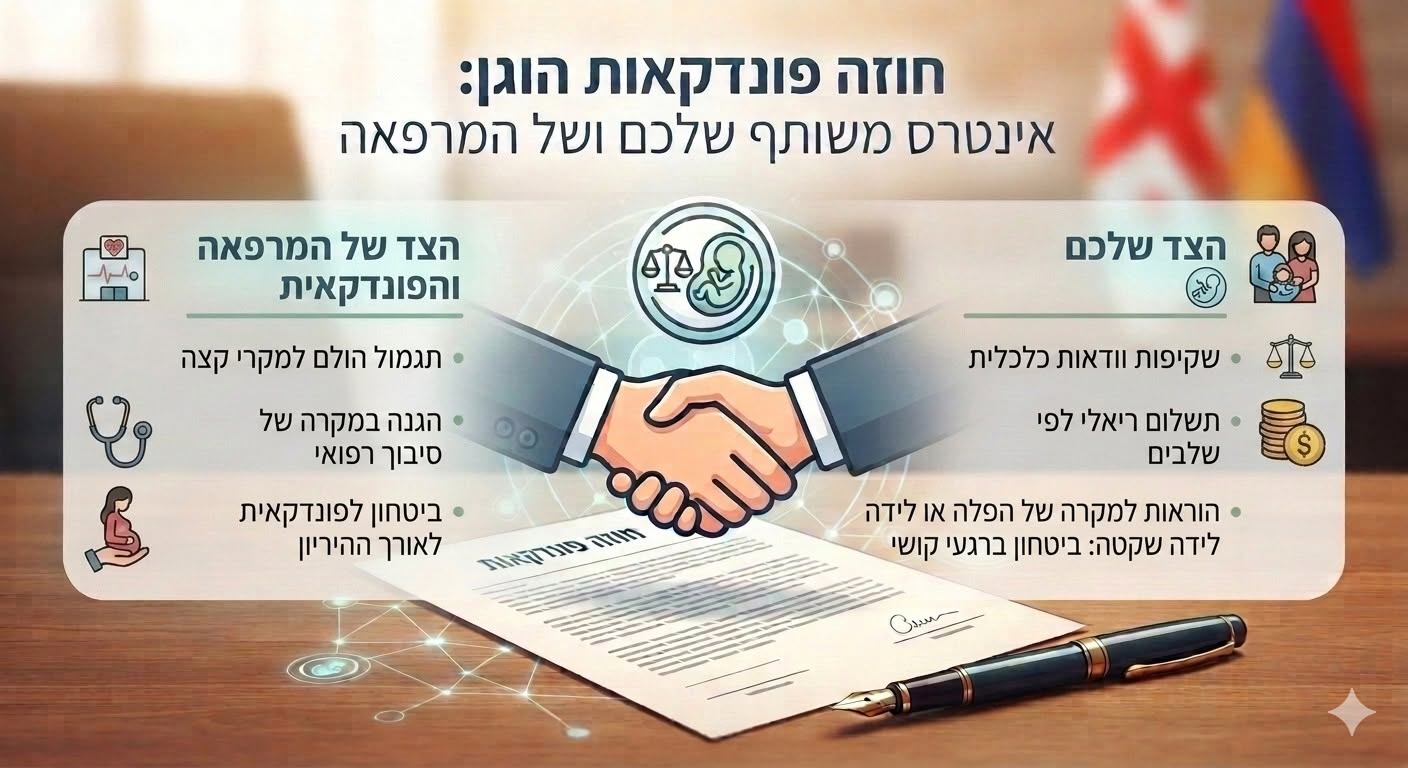 חוזה פונדקאות הוגן בגאורגיה ובארמניה: שקיפות כלכלית, תשלום לפי שלבים והגנה על ההורים המיועדים והפונדקאית.