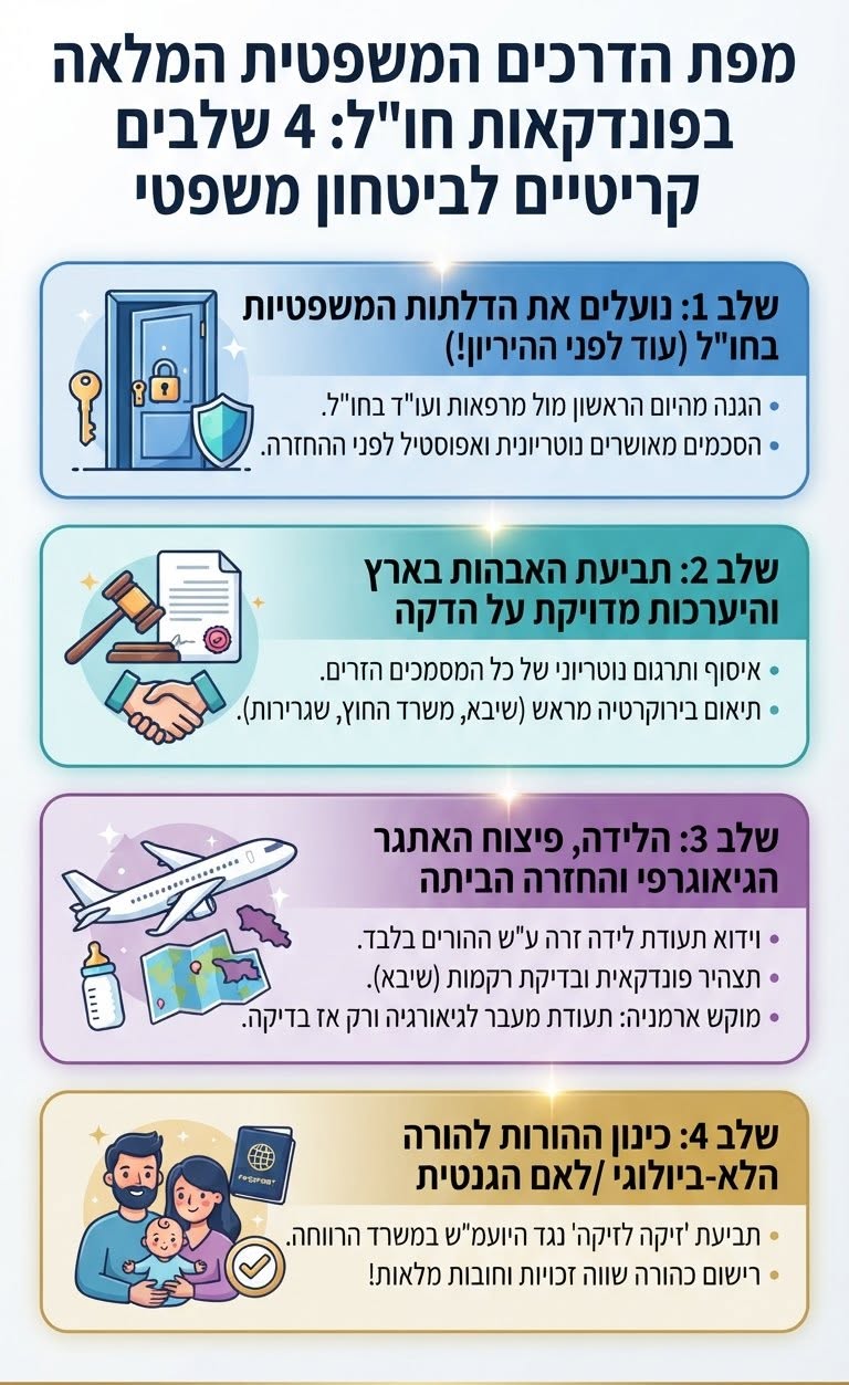 מפת הדרכים המשפטית לפונדקאות בחו״ל: הסכמים ומסמכים, תביעת אבהות, לידה וחזרה לישראל והסדרת ההורות.