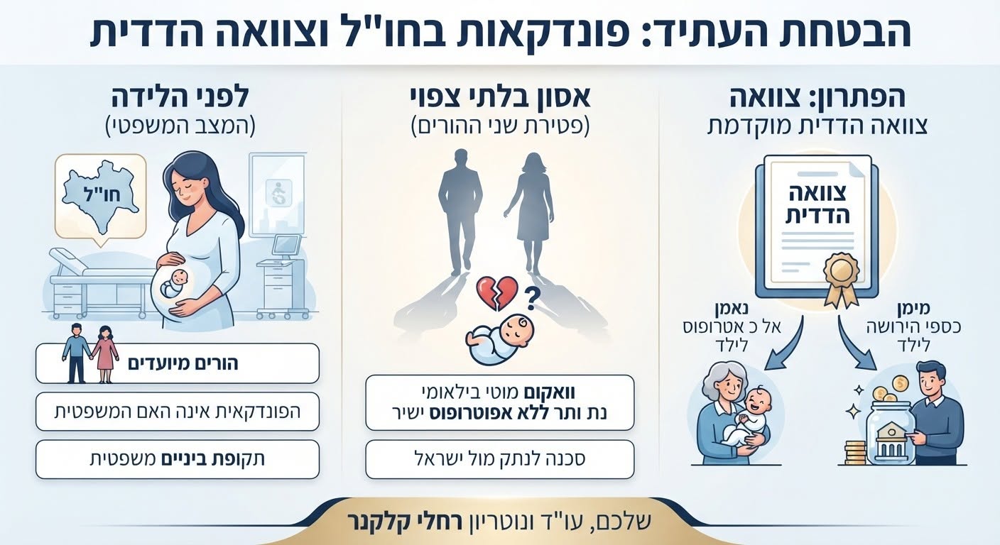 אינפוגרפיקה על חשיבות צוואה הדדית בהליכי פונדקאות בחו״ל, להגנה על עתיד הילד, הסדרת אפוטרופסות וניהול הירושה במקרה של פטירת ההורים המיועדים.