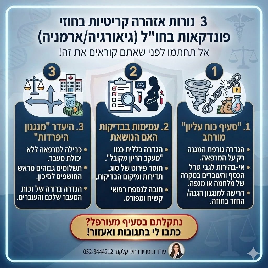 שלוש נורות אזהרה בהסכמי פונדקאות בחו״ל: סעיף כוח עליון מרחיב, עמימות בבדיקות הפונדקאית והיעדר מנגנון היפרדות מהמרפאה.
