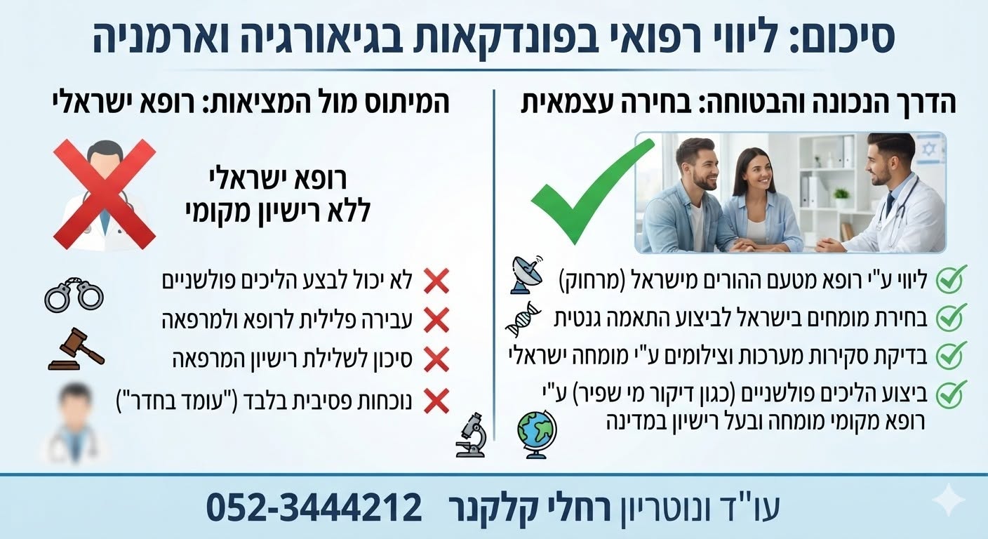 אינפוגרפיקה המשווה מסלולי ליווי רפואי בפונדקאות בגיאורגיה ובארמניה, כולל רישוי מקומי ובחירת רופא מומחה