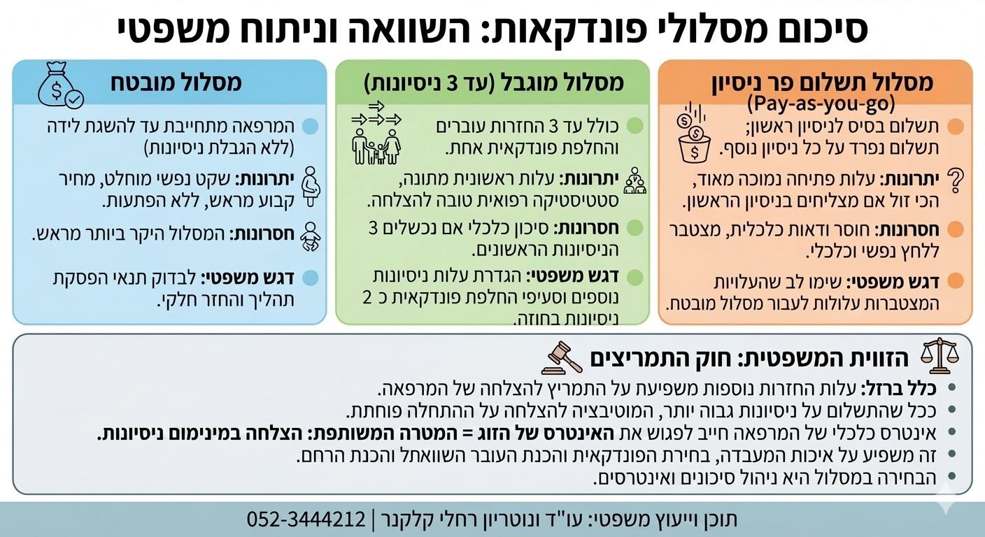 השוואת מסלולי פונדקאות: תשלום לפי ניסיון, מסלול מוגבל ומסלול מובטח - יתרונות, חסרונות ודגשים משפטיים.